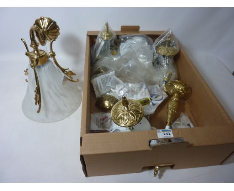 Large brass wall light with glass shade and ornate design and other brass wall and centre light fittings in one box, shop sto