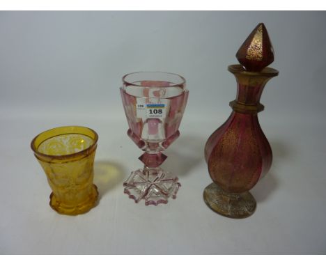 Two Victorian etched coloured glass vessels and a cranberry glass decanter  Condition Report Click here for further images, c