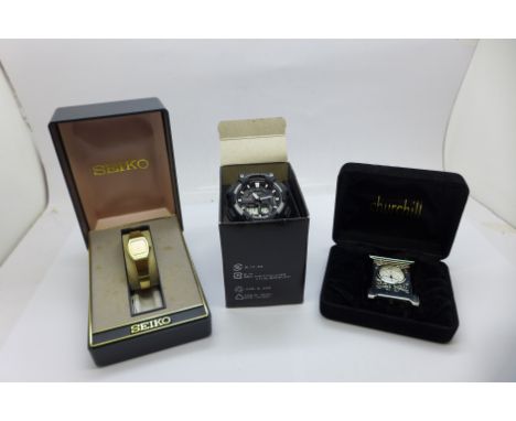 Two wristwatches and a miniature carriage clock 