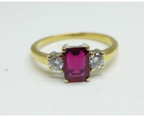 A yellow metal, diamond and ruby ring, 3.7g, S 