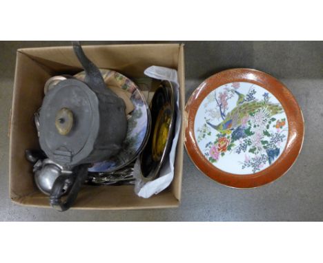 A pewter teapot, mustard, lighter, collectors plates, etc.**PLEASE NOTE THIS LOT IS NOT ELIGIBLE FOR POSTING AND PACKING** 