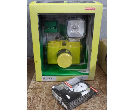 A Lamography limited edition Diana F+ camera and extra film, with flash 
