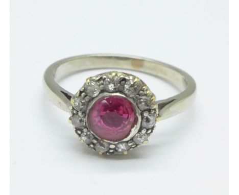 A white metal ring, ruby and diamond cluster ring, marked 18ct, 2.8g, N 