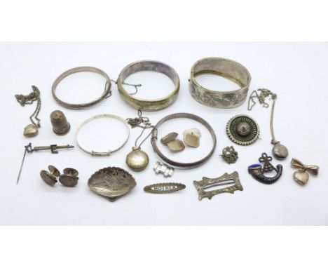 A silver and blue enamel The Light Infantry badge, five silver bangles, five brooches, two lockets, a pair of cufflinks, etc.