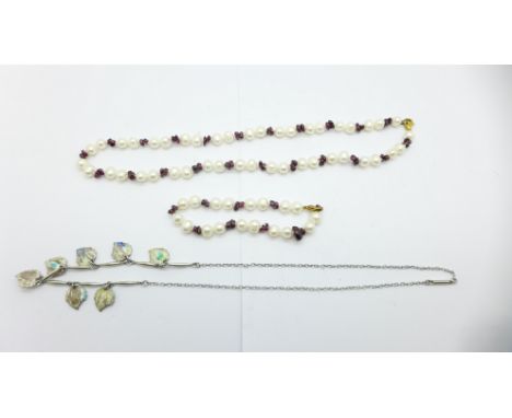 A pearl and amethyst shard necklace and matching bracelet and an Edwardian silver necklace, lacking enamel 