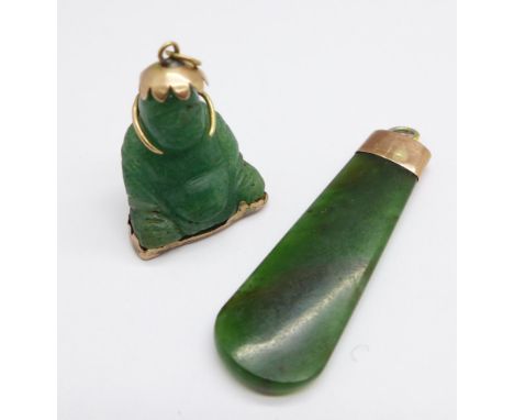 A 14ct gold mounted jade Buddha pendant and a hallmarked 9ct gold mounted pendant, Chester 1920 