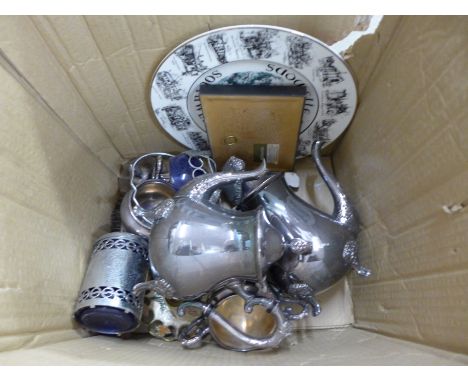 A four piece plated tea service, a Southwell 2000 commemorative plate and other metalwares, etc.**PLEASE NOTE THIS LOT IS NOT