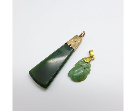 A 9ct gold and jade set pendant and a carved jade pendant set on yellow metal, with continental control marks 