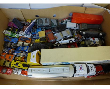 Three boxes of die-cast model vehicles, including Hot Wheels, playworn 