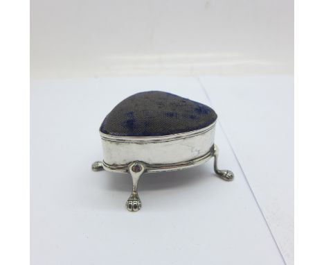 A silver mounted heart shaped pin cushion, Birmingham 1911 