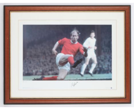 Bobby Charlton  Manchester United limited edition print, 61/500, signed by Bobby Charlton, framed and glazed, 56 x 73 cm. Wit