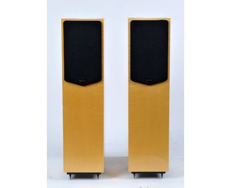 Quad Model 21L floor-standing speakers in light wood, each 83 cm high and a Quad Vena in Lancaster Grey, boxed (3). 