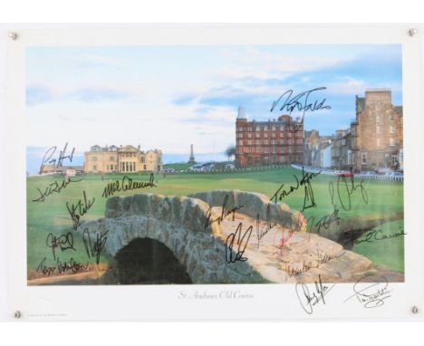 Golf - St. Andrews Old Course signed print, signed by 20 former champions, Padraig Harrington, David Duval, Stewart Cink, Jus