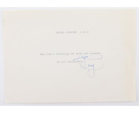 Peter Cushing (1913-1994) English actor known for his appearances in Hammer films, a signed note on paper, 15 x 21 cm. 