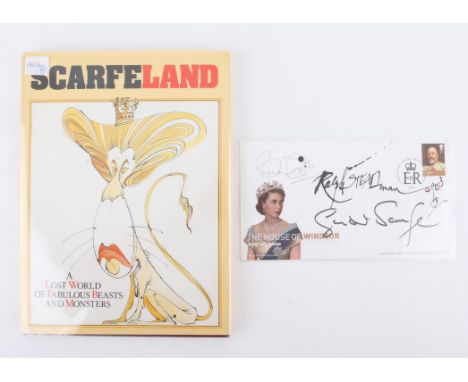 The House of Windsor first day cover signed by Gerald Scarfe,Ralph Steadman (with doodle) and Bruce Forsyth, 12 x 22 cm with 