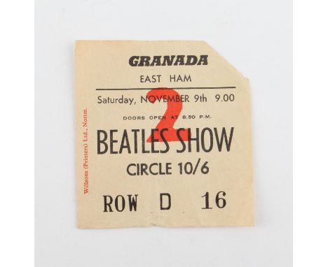 The Beatles - Granada East Ham Concert Ticket Stub Nov 9th 1963 with perforated corner, which is detached on entry, approx (2