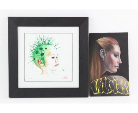 Lora Zombie - 'Green Punk' signed print, framed 40x40 cm and a piece of artwork by Chuo 'Vanity', 20 x 33 cm (2). 