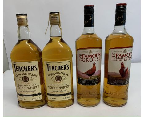 Two The Famous Grouse Blended Scotch Whiskies 2 x 1ltr and two Teachers Highland Cream Scotch Whiskies 2 x 1ltr.