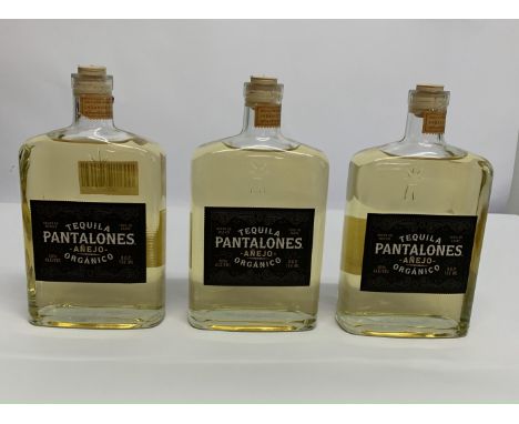Three Pantalones Anejo Organico Tequila 3 x 750ml (Please Note Damage To Lid Stoppers).