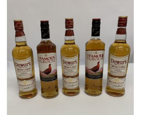 Three Dewar's White Label Blended Scotch whiskies 3 x 700ml, Two The Famous Grouse Blended Scotch Whiskies 2 x 700ml.