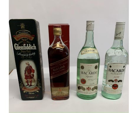 Two Bacardi Superior Carta Blanca Rums 1ltr/1125ml, Johnnie Walker Red Label Old Scotch Whisky 1125ml, Glenfield Pure Malt Sc