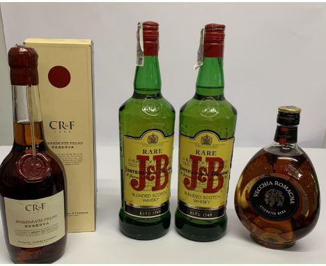 Two J & B Rare Blended Scotch Whiskies 2 x 1ltr, Vecchia Romagna Etichetta Nera Brandy Bottled in Italy 700ml, CR&F Aguardent