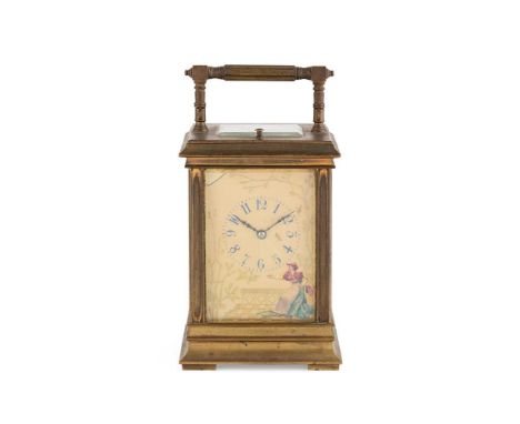the porcelain dial painted and gilt with a young lady, in a corniche case, the movement with gong strike and push button repe