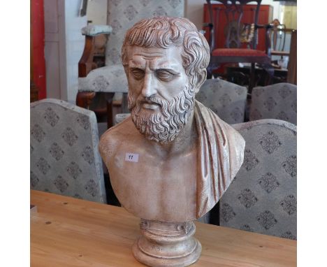 A plaster bust of a Roman philosopher on plinth H 60cm 