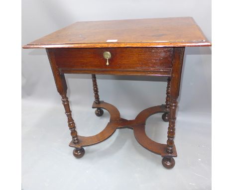 A George I oak table with single drawer on bobbin turned supports X - frame stretcher and hall feet, H 70cm 