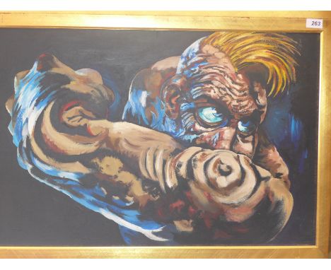 After Peter Howson a modern oil on board of a muscular man in a large gilt frame 50 x 76cm 