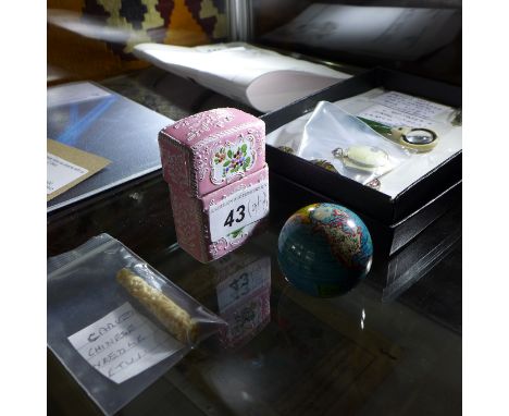 A collection of items to include a German globe etui, a carved Chinese needle etui, fish hook buttons, enamel locket etc (qty