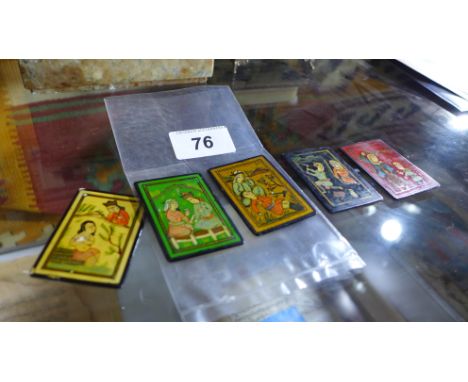 Five Qujar period hand painted Persian playing cards, gilt heightened (5) each 6 x 4cm 