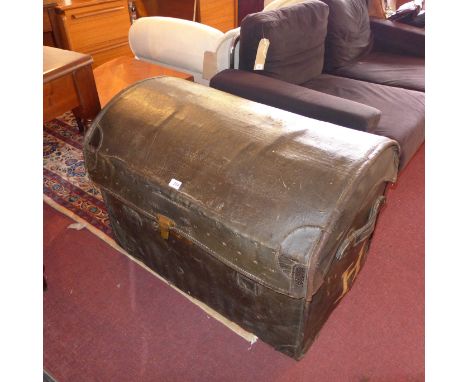 A canvas bound wicker basket railway domed trunk H 62 x L 85cm 