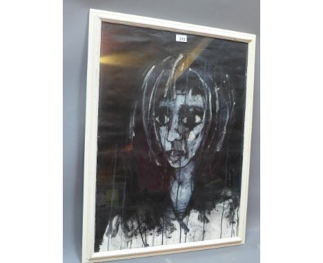 A mixed media monochrome portrait of a lady in a white painted frame, H 79 x W 60cm 