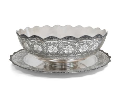 A LARGE ENGRAVED IRANIAN SILVER BOWL AND TRAY BY MAHMUD RABI'I Pahlavi Iran, ca. 1960 - 1970Comprising a large silver bowl, r