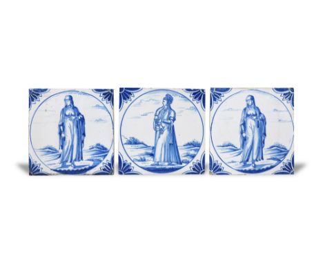 THREE SQUARE DELFT POTTERY TILES WITH OTTOMAN MAIDENS BY RAVESTEIJN Utrecht, The Netherlands, second half 19th centuryCompris