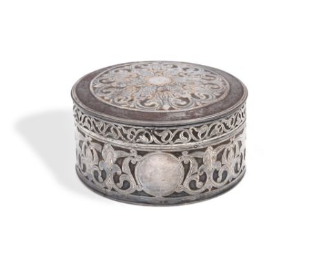 A CAUCASIAN STEEL LIDDED BOX WITH SILVER AND NIELLO OPENWORK DECORATION Possibly Dagestan or Georgia, mid to late 19th centur