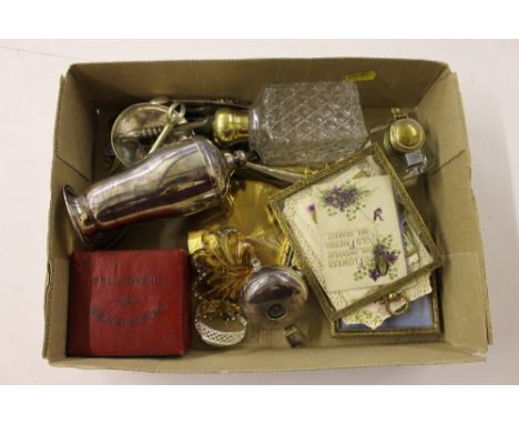 A tray containing a brass top inkwell; various silver plated items; small picture frames etc.