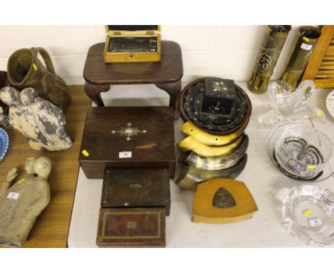 A Victorian rosewood and abalone writing box; together with a small wooden stool; a Victorian papier mache tea caddy, AF; a s