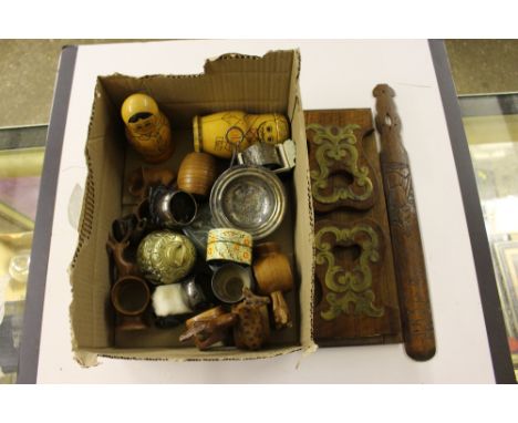 A box containing a Victorian walnut sliding book rack; a Chinese carved bamboo page turner; a silver napkin ring; Russian dol