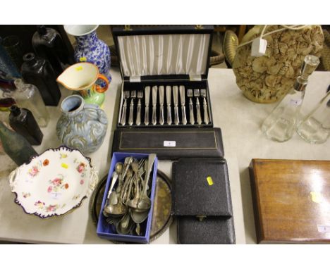 A quantity of various silver plated cutlery to include a fish serving knife and fork; a silver plated tray etc.