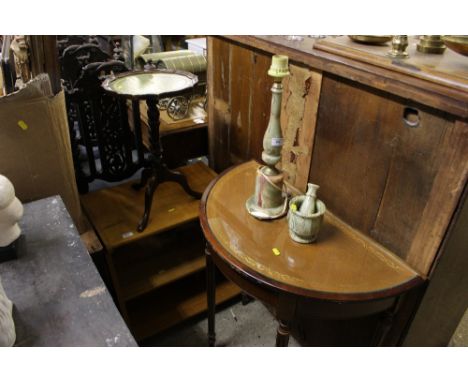 A reproduction mahogany wine table; a teak three tier shelf; and a reproduction mahogany demi lune hall table