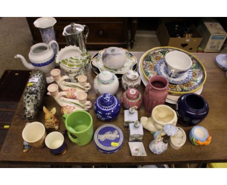 A quantity of various decorative china to include ginger jars, pottery plates, a silver lustre teapot etc. 