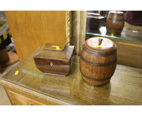 An oak and coopered tea caddy; together with a 19th Century mahogany tea caddy, AF