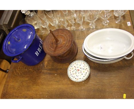 An enamel bread bin; together with an enamel dish, a wooden two tier cake stand etc. 