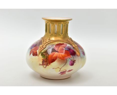 A ROYAL WORCESTER VASE OF QUARTER LOBED SQUAT FORM, the pierced gilt neck above hand painted Autumnal fruits and leaves, shap