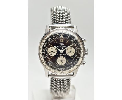 A BREITLING GENEVE NAVITIMER 806 WRISTWATCH, black dial with silvered subsidiary dials to three, six and nine o'clock, silver