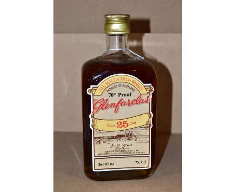 GLENFARCLAS ALL MALT SCOTCH WHISKY, 25 Years Old, 70 proof, 26 2/3 fl. oz. fill level high shoulder - bottom neck, seal intac