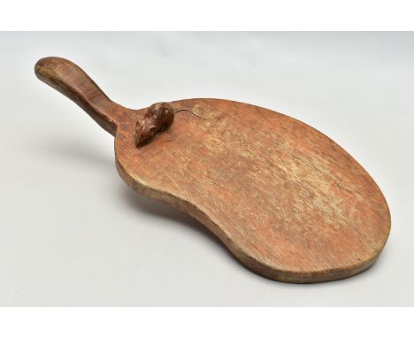 A ROBERT 'MOUSEMAN' THOMPSON CARVED OAK CHEESEBOARD OF KIDNEY FORM, mouse signature carved to the back, curved handle, overal