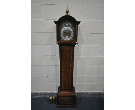 SINCLAIR HARDING OF CHELTENHAM, A MAHOGANY LONGCASE CLOCK, the hood with a brass finial, cylindrical pillars flanking a glass